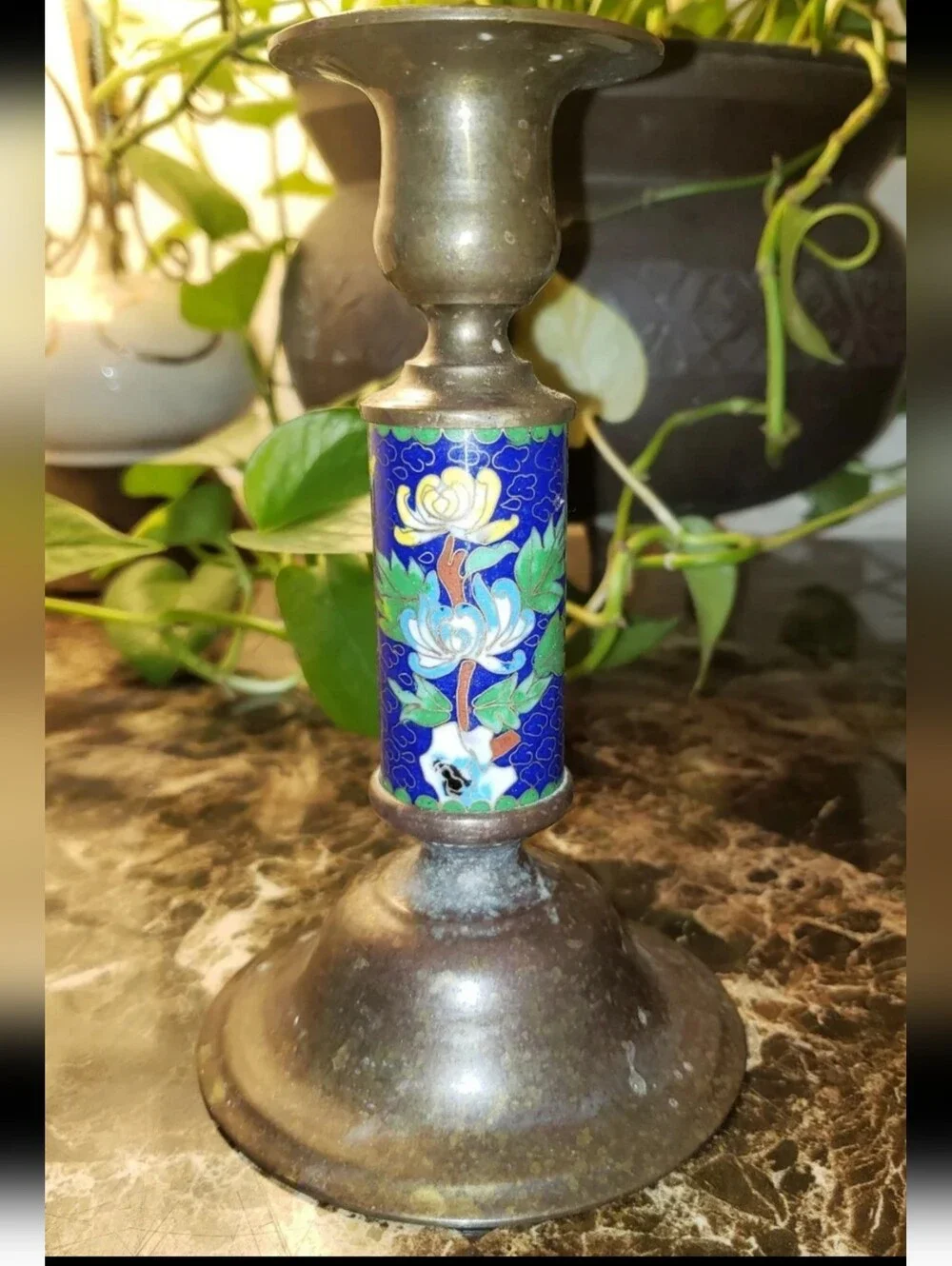 Vintage Cloisonne Enamel & Brass Ornate Candle Stick Holder